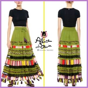 Alice + Olivia Judith Embellished Patchwork Beaded Tassel Boho Maxi Skir